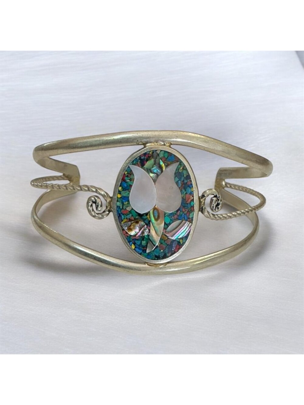 Vintage Abalone Inlay Tulip Cuff Bracelet Mexico Silver-Tone 1.25 Inches Wide